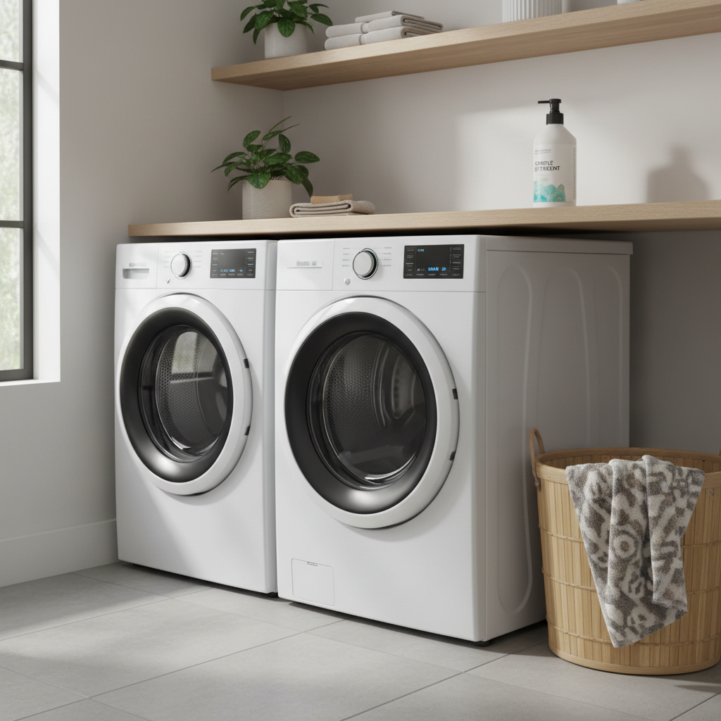 Laundry setup washing pet blankets with gentle detergent and low-heat drying settings