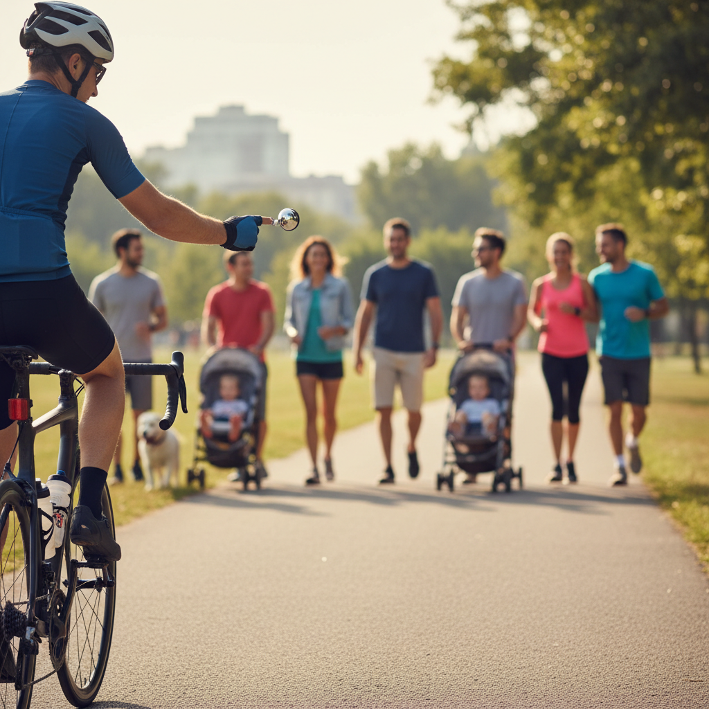Cyclist using a loud clear bike bell on a busy multi-use trail