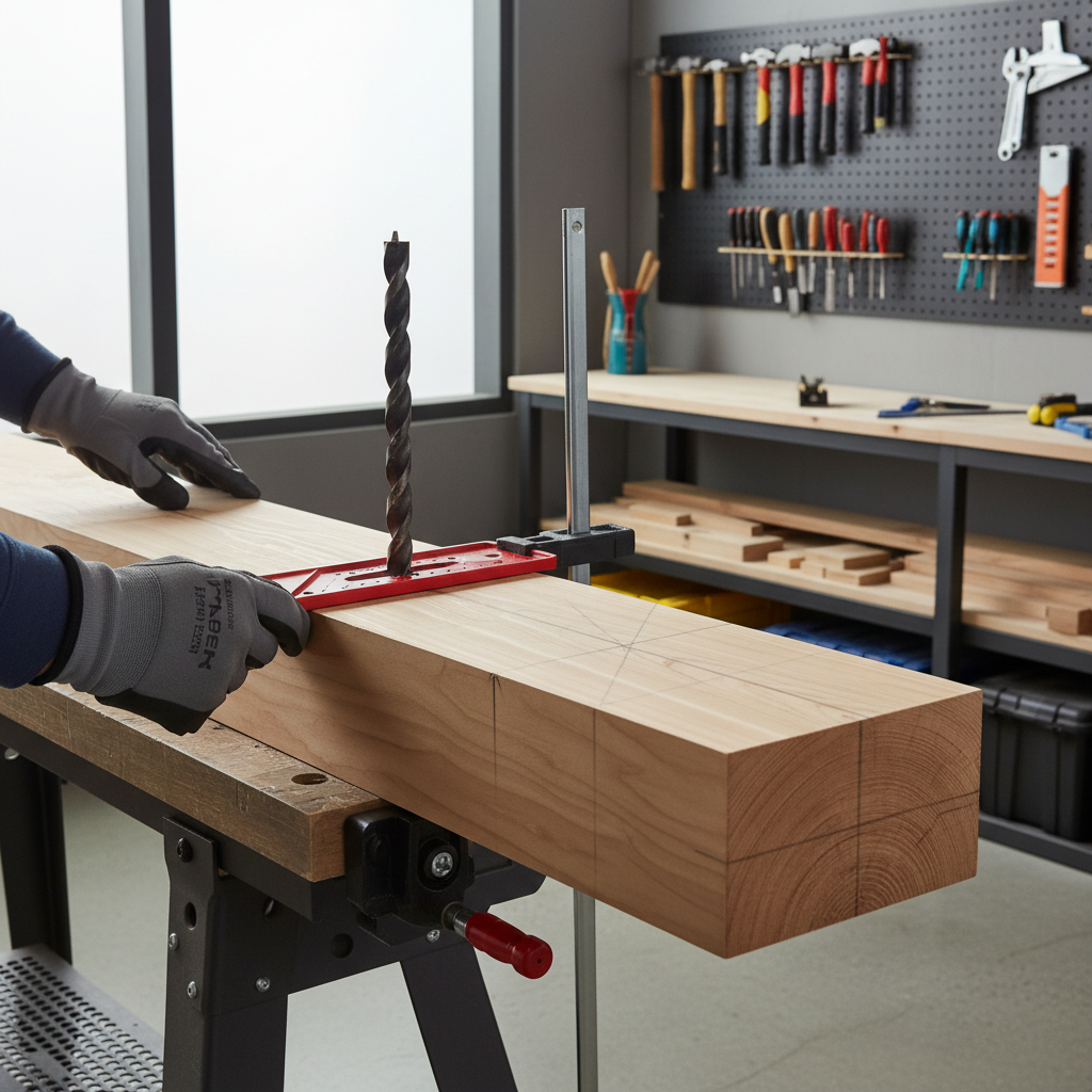 Clamped wood beam with layout marks and a square used to keep an auger bit plumb