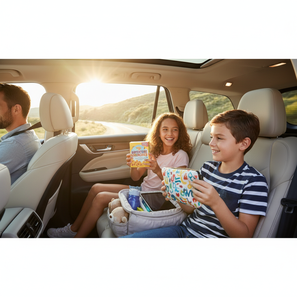 Kids choosing between travel activities and snacks during a road trip
