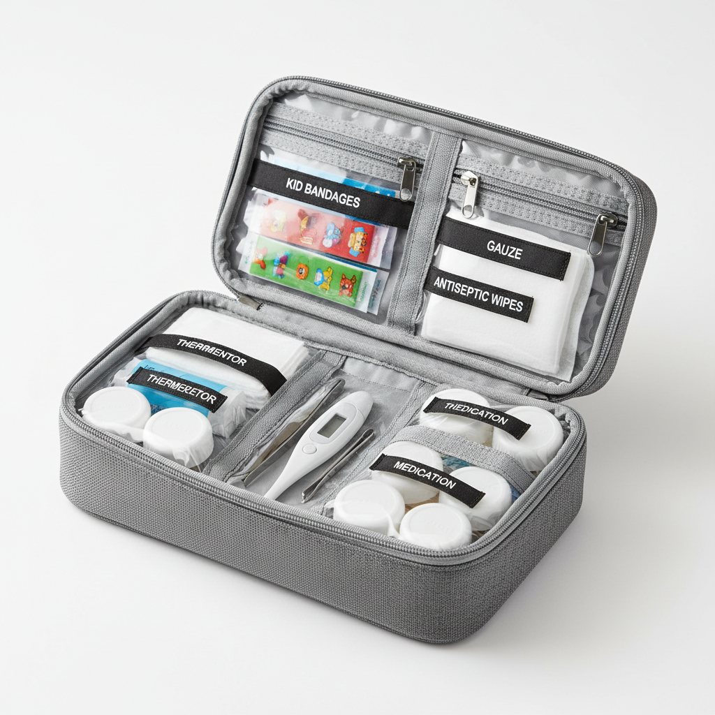 Organized travel first aid kit compartments with labeled supplies for kids and adults