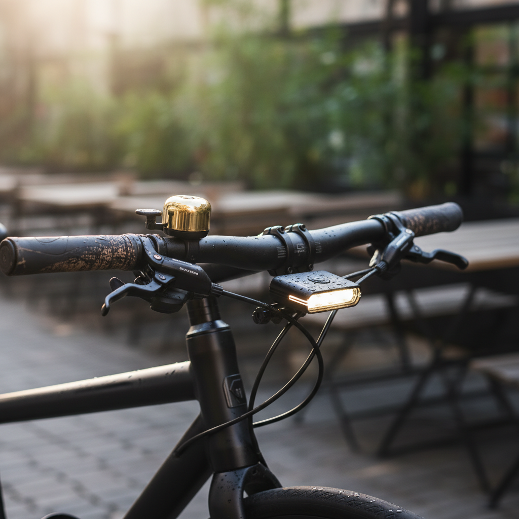 Close-up of a bike bell mounted correctly near brake lever for easy thumb reach