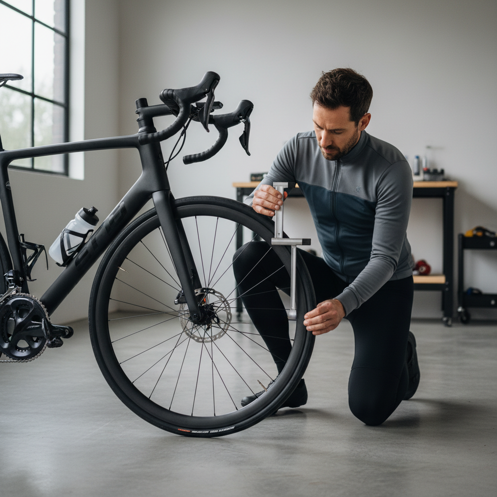 Road cyclist checking tire width clearance on bike frame and rim