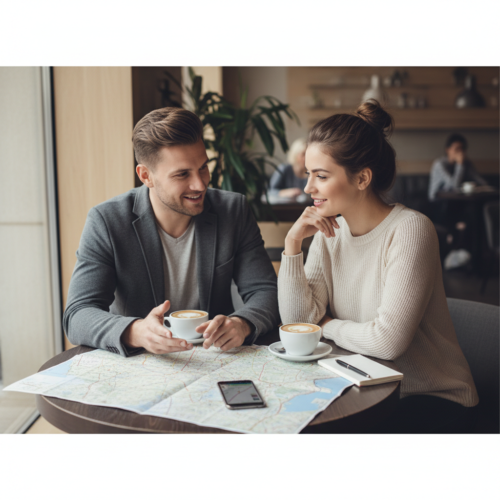 Two travelers planning a meetup over coffee with a map and phone