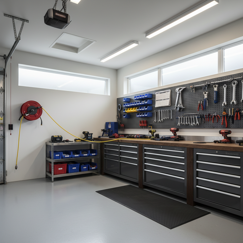 Air hose reel mounted on garage wall near workbench with clear hose path