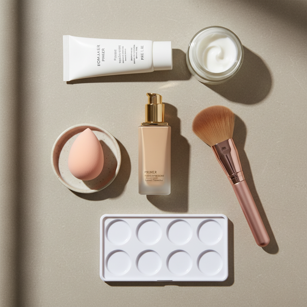 Streak-free foundation application tools and products laid out
