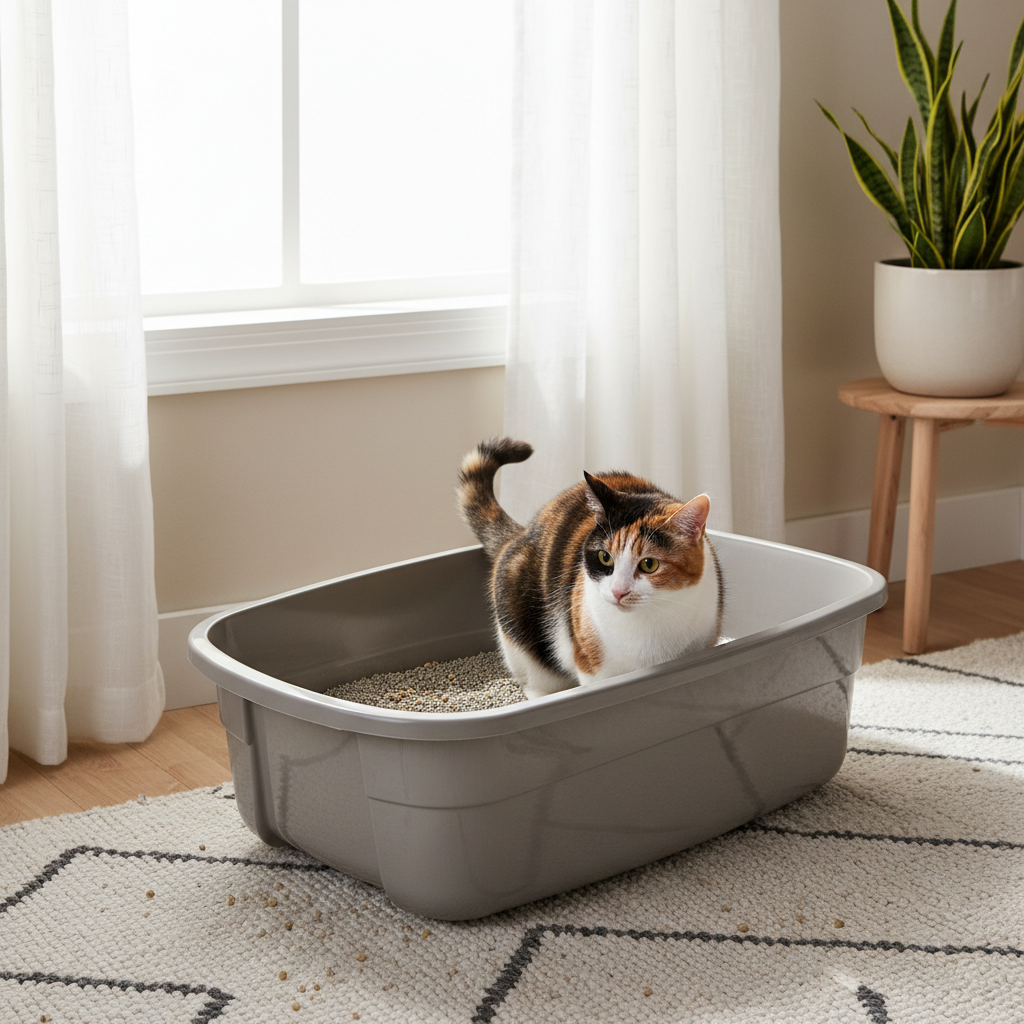 Cat using an open litter box in a quiet corner with calm home setup