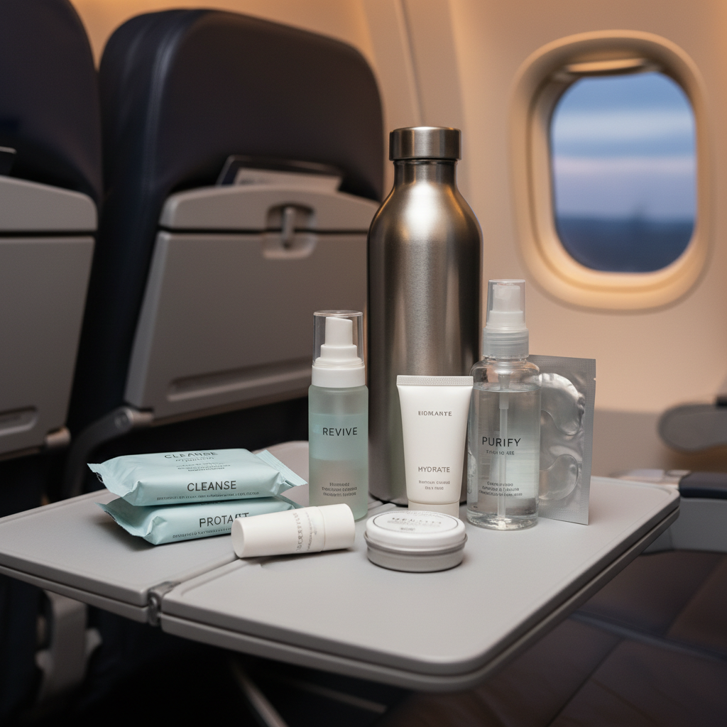 In-flight skincare essentials laid out in TSA-size containers