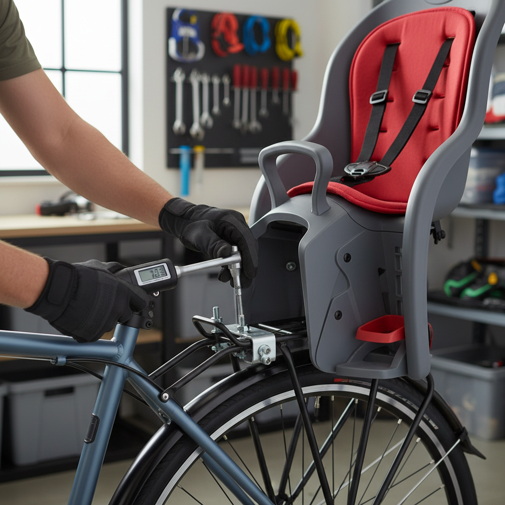 Adult checking installation of a rear toddler bike seat with a torque wrench