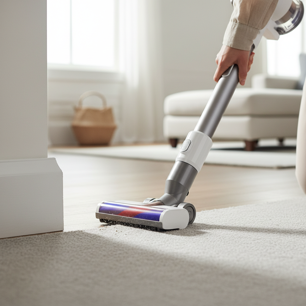 Close-up vacuuming carpet edges to remove flea eggs and larvae