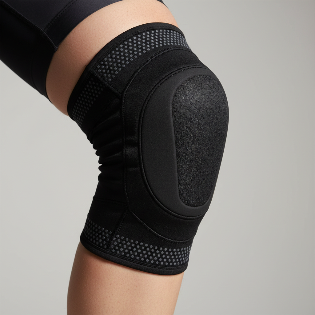 Close-up of cycling knee pad fit showing centered kneecap coverage and non-slip cuffs
