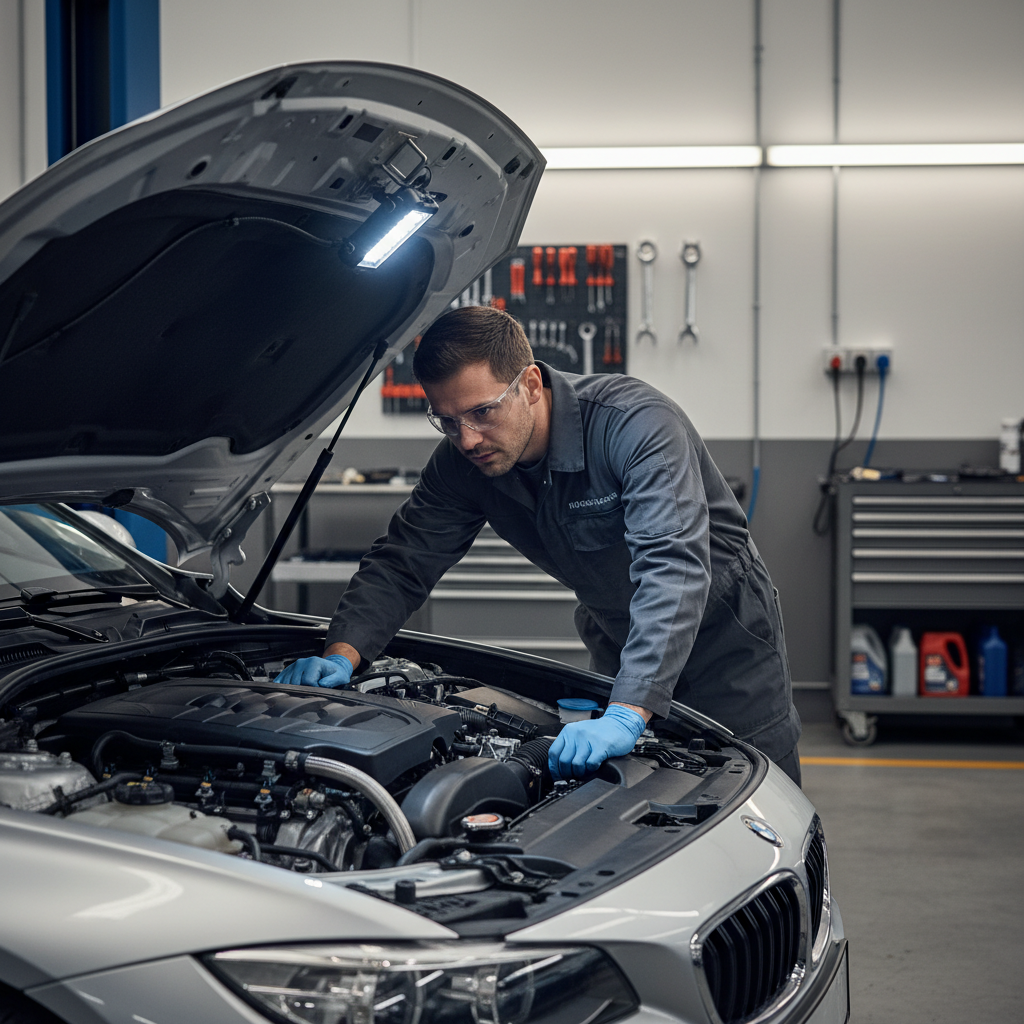 Mechanic using a magnetic work light under a car hood