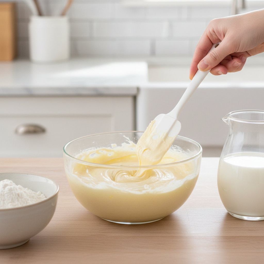 Vanilla cake batter being mixed to just combined consistency in a bowl