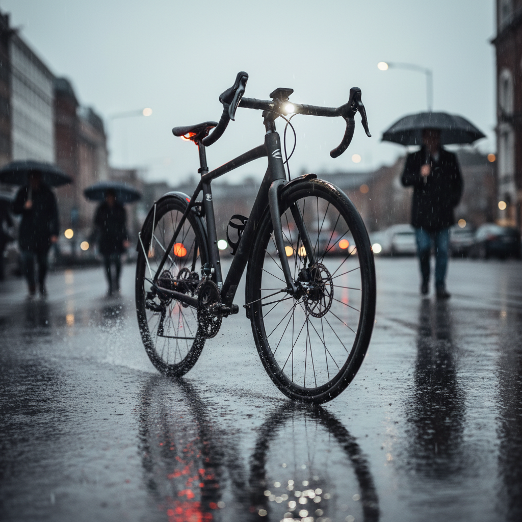Road bike with full fenders and lights riding on wet pavement
