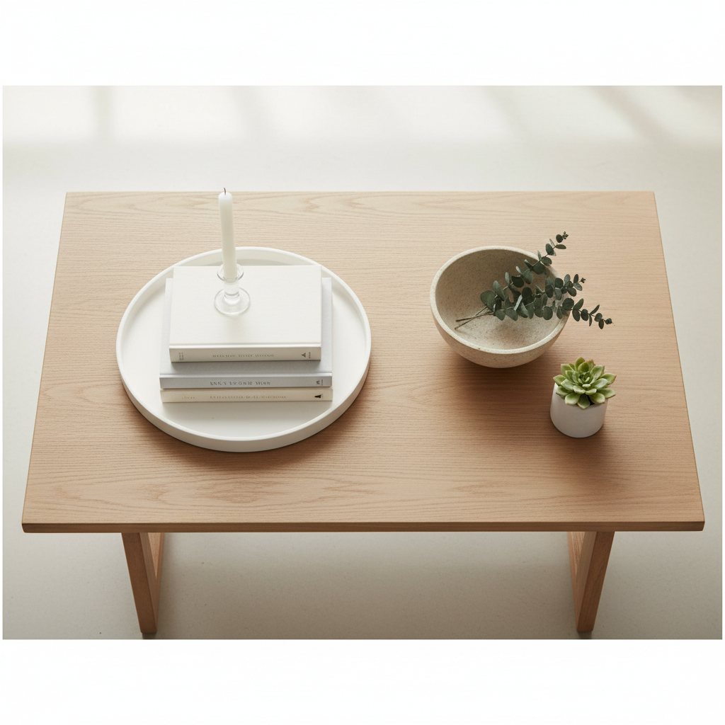 Rectangle coffee table styling layout with tray books candle and bowl