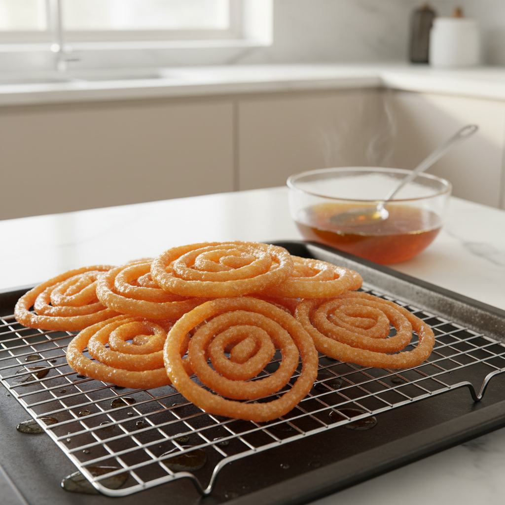 Homemade jalebi without yeast draining on a cooling rack before syrup soak
