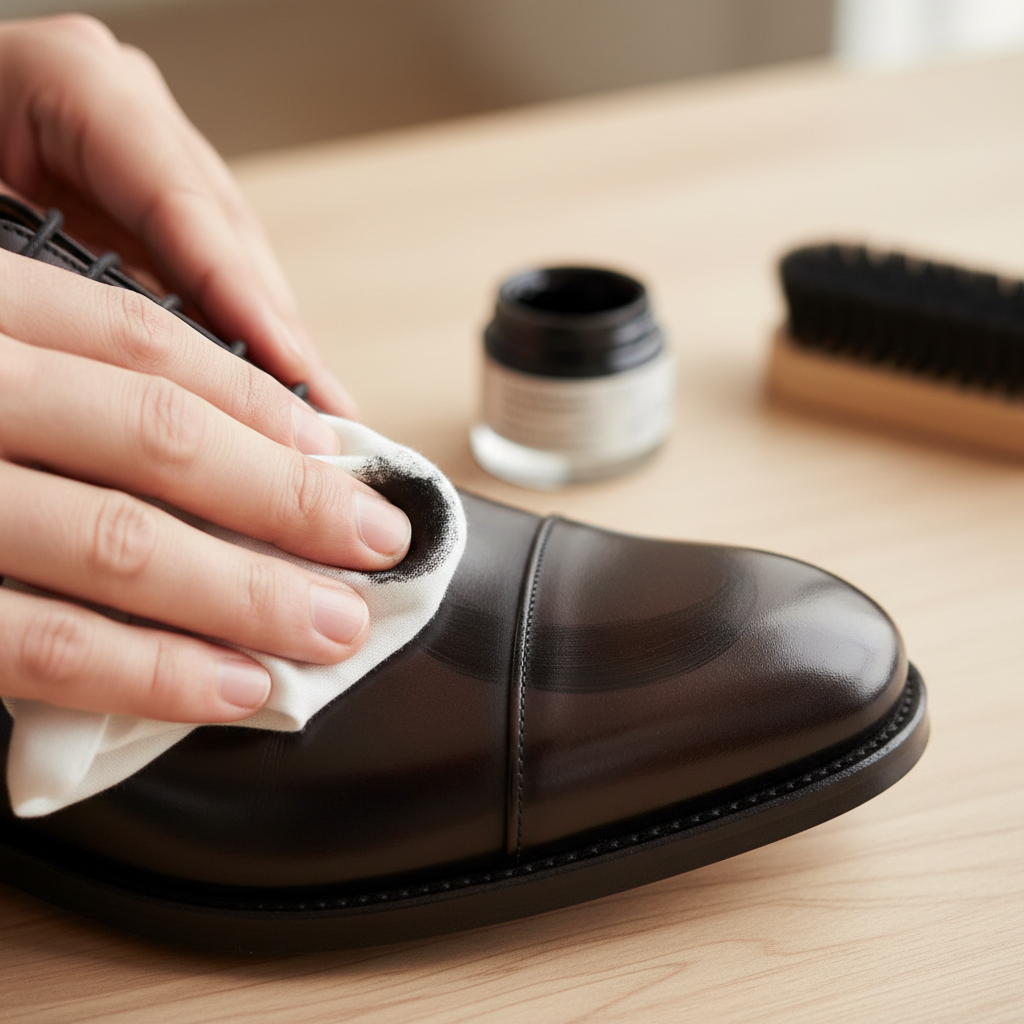 Applying wax polish to a leather shoe toe in small circles