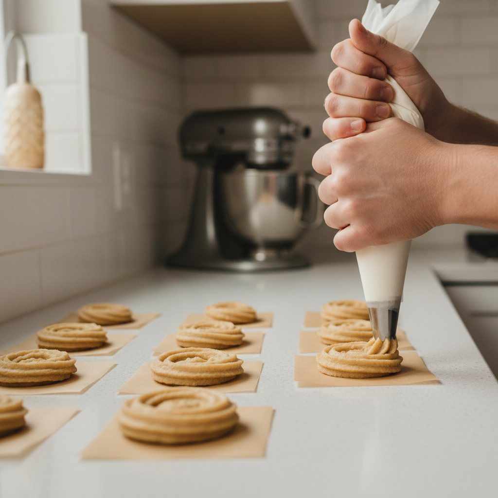 Churros dough being piped with a large star tip onto parchment before frying