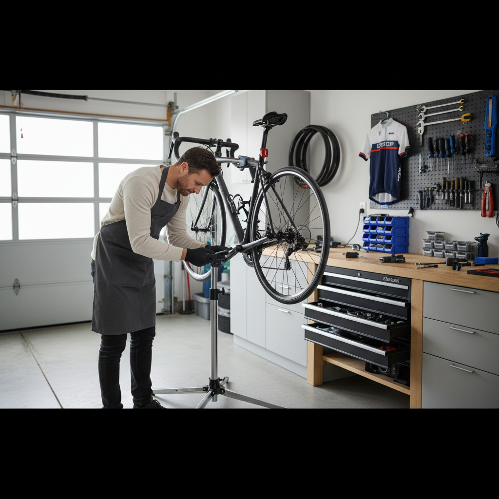 Mechanic adjusting a bike on a stable repair stand with tools nearby