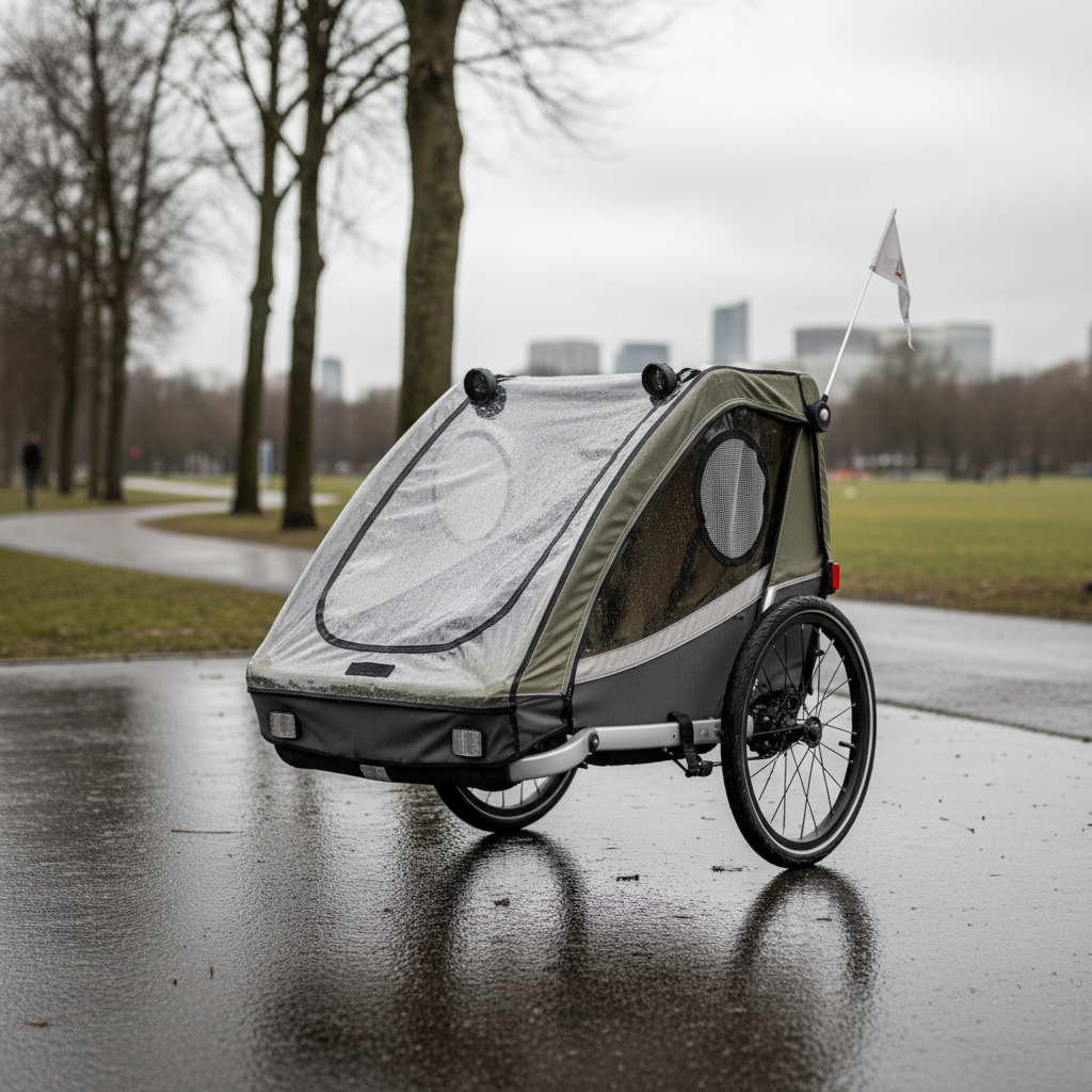 Kids bike trailer with rain cover and ventilation on a cloudy day