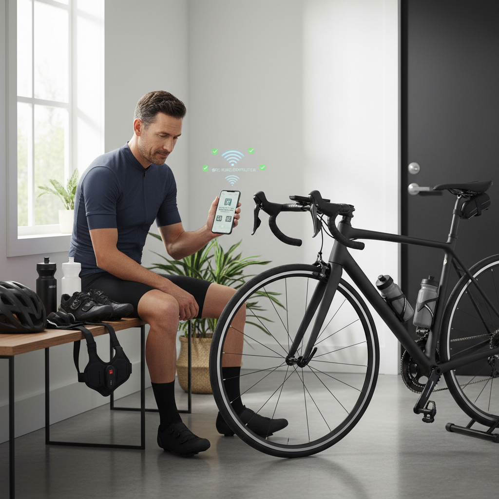 Cyclist setting up bike computer with sensors and phone app before a ride