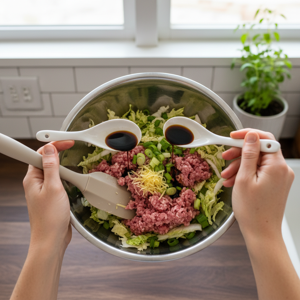Mixing dumpling filling in a bowl with chopped cabbage and ground pork