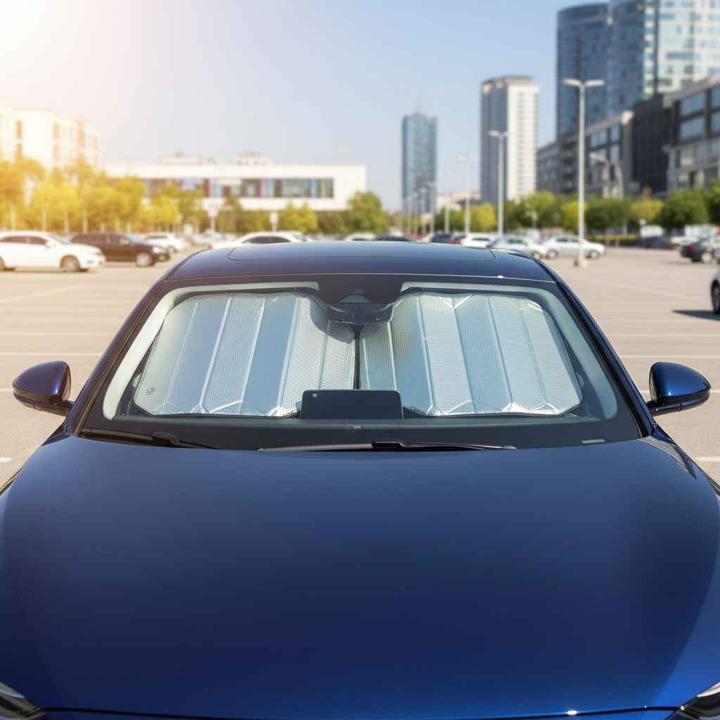 Foldable windshield sun shade installed in a parked car