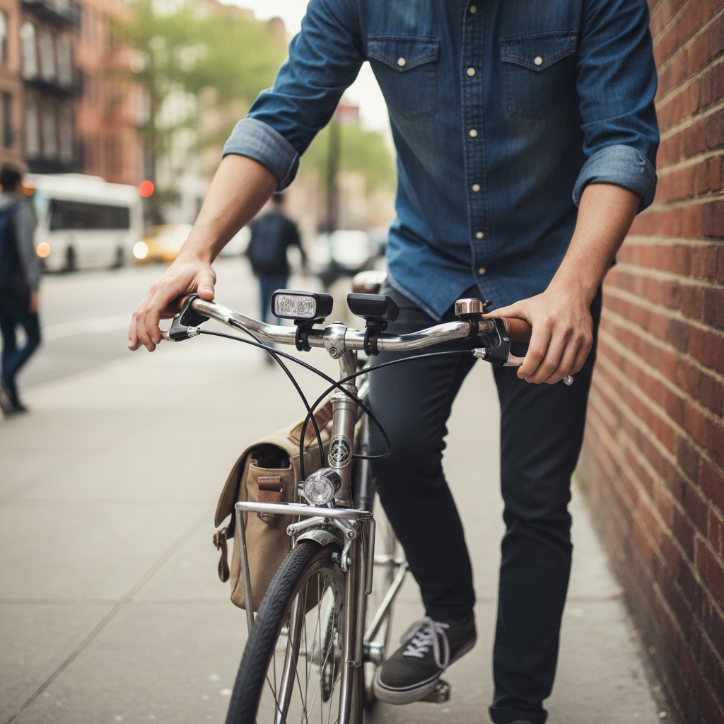 Cyclist checking handlebar extender stability before riding