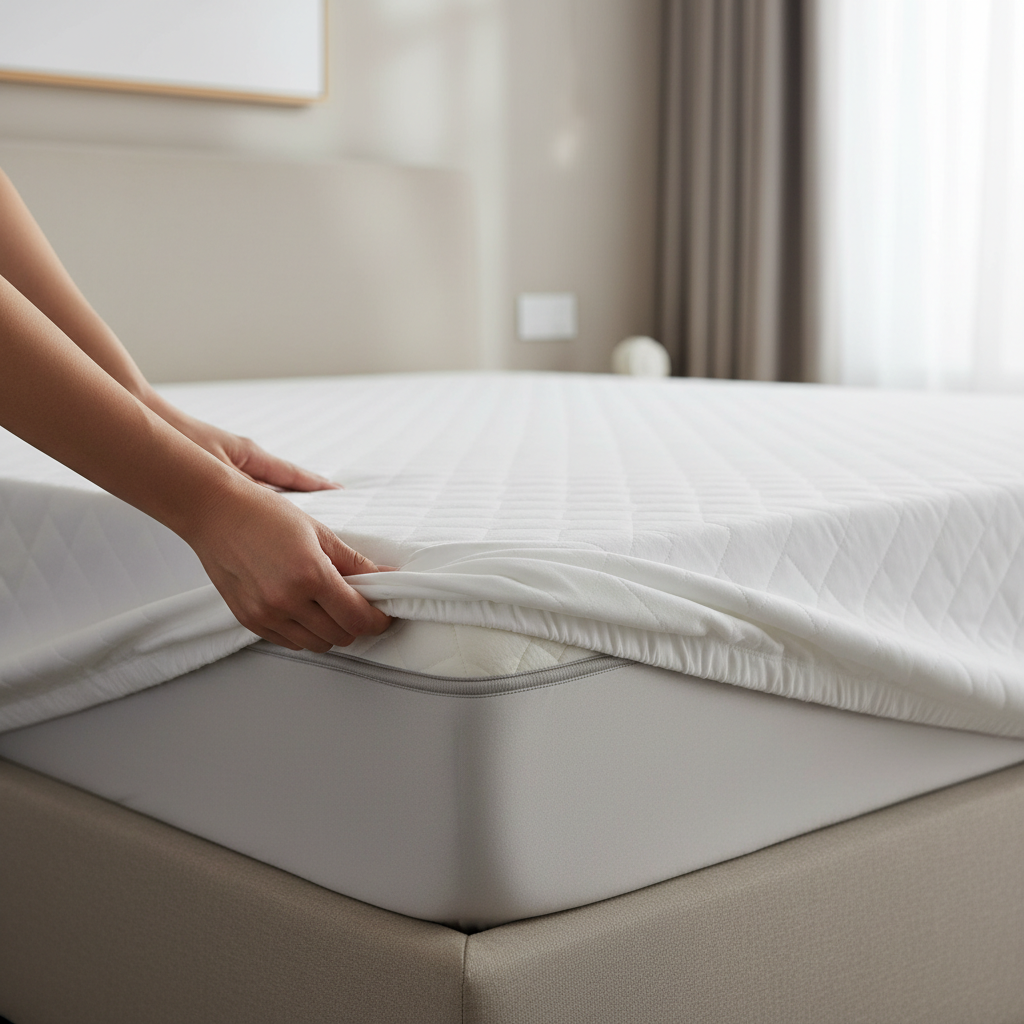 Deep pocket fitted waterproof mattress protector stretching over a thick pillow-top mattress