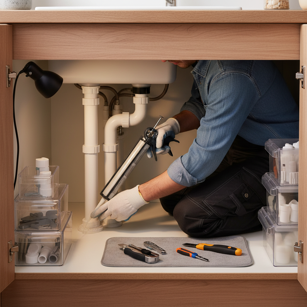 Sealing gaps around kitchen sink pipes to prevent ants entering