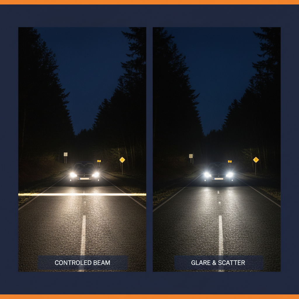 Night road comparison of halogen headlight beam patterns and cutoffs