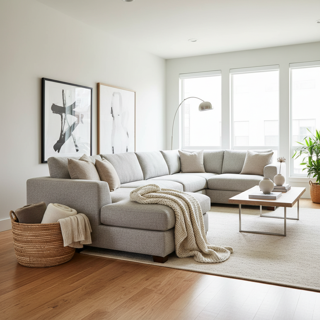 Neatly styled living room with a throw blanket basket next to the sofa