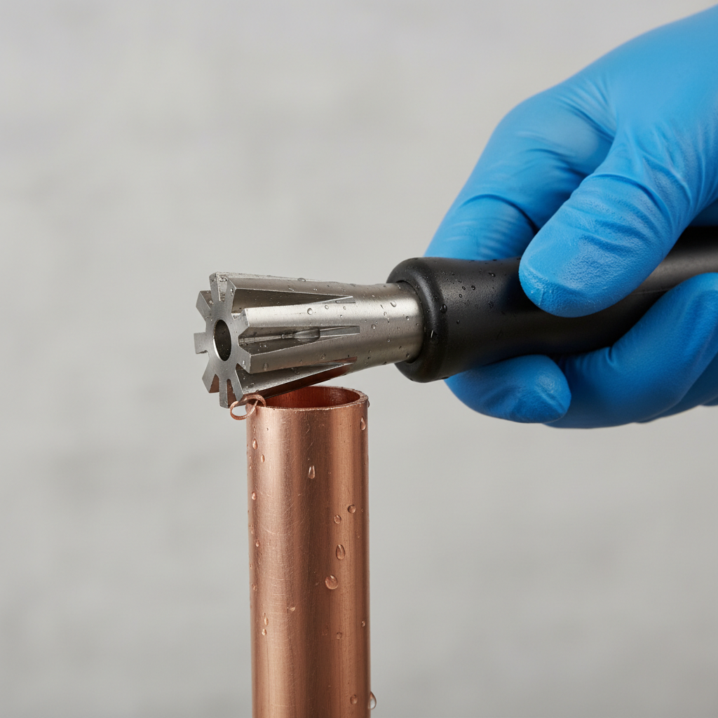 Deburring a freshly cut copper pipe with a reamer tool