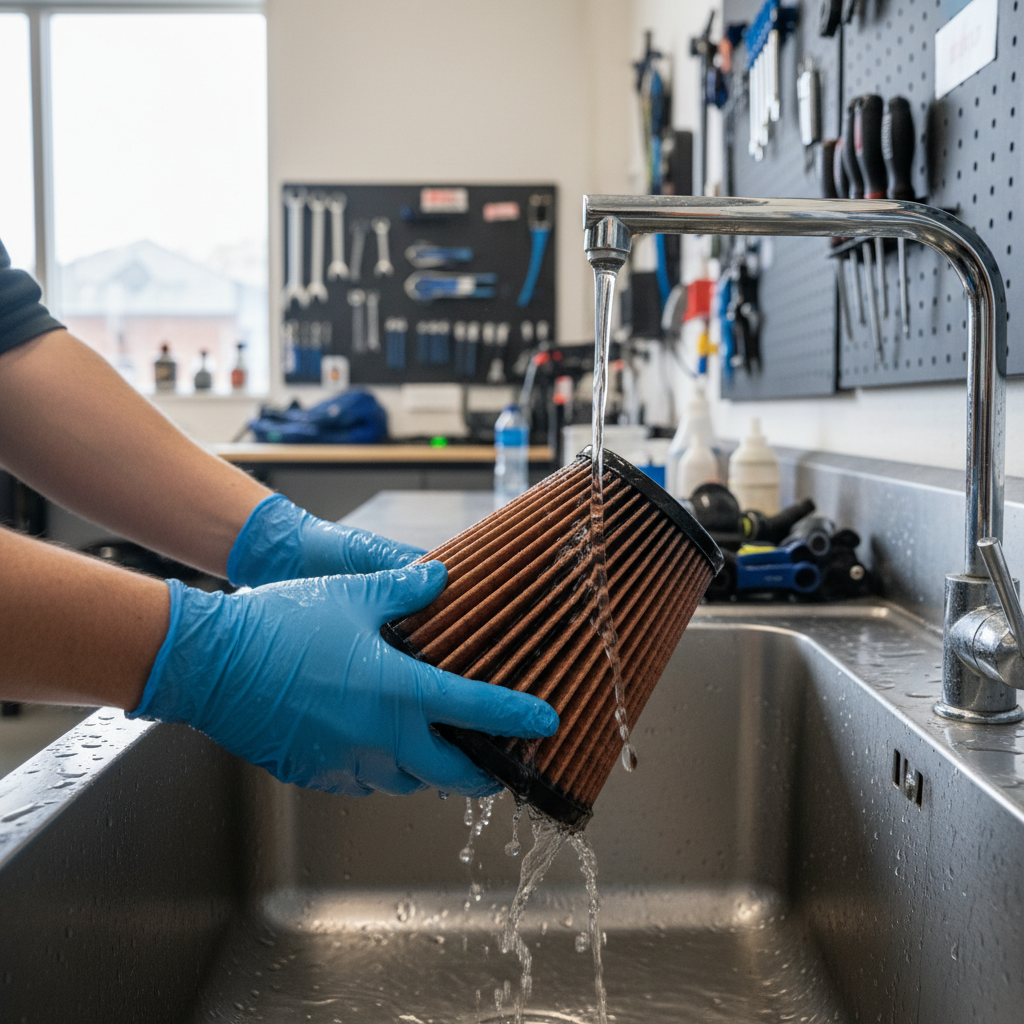 Rinsing reusable car air filter with low pressure water inside a sink