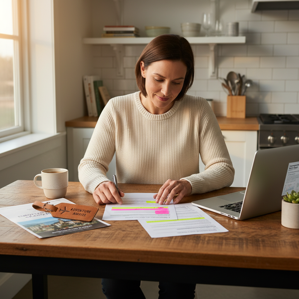 Customer reviewing travel insurance policy documents and coverage highlights