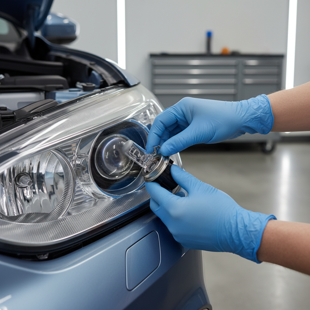 Halogen headlight bulb installed in a car headlight housing