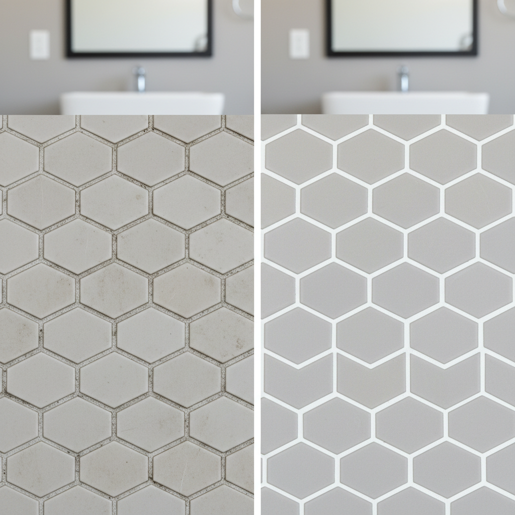 Close-up of before and after cleaned grout lines on bathroom tile