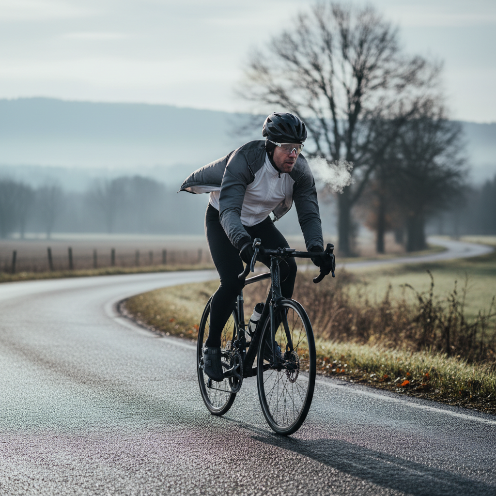 Cyclist using knee warmers and windproof layers on a cold ride