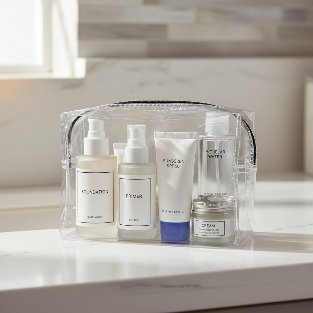 Clear TSA toiletry bag with travel-size makeup liquids and labels