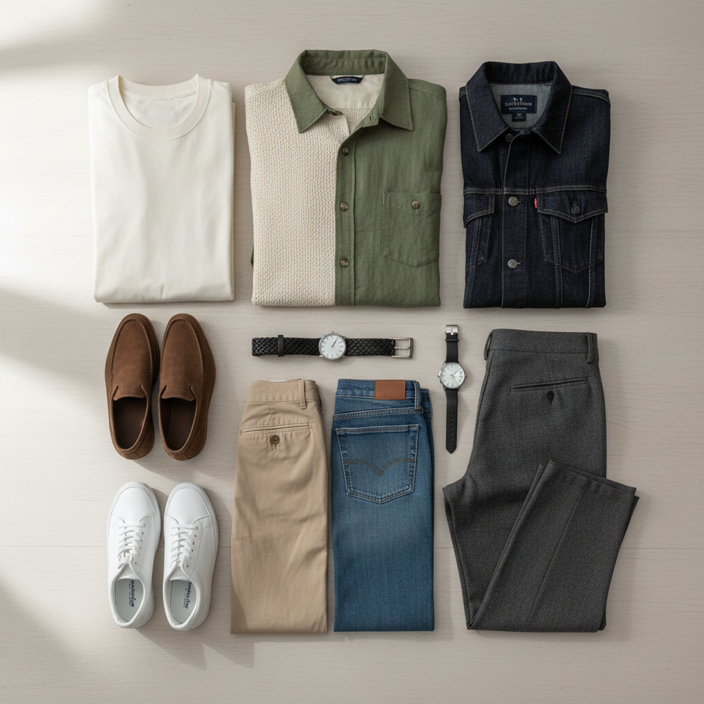 Capsule wardrobe casual outfit pieces for men in 2026 laid out on a table