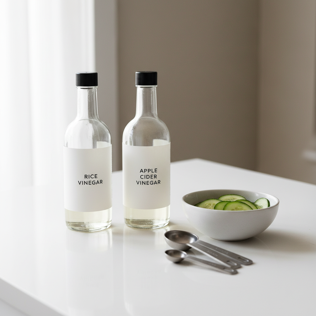 Different vinegars for cucumber salad dressing, rice vinegar and apple cider vinegar side by side