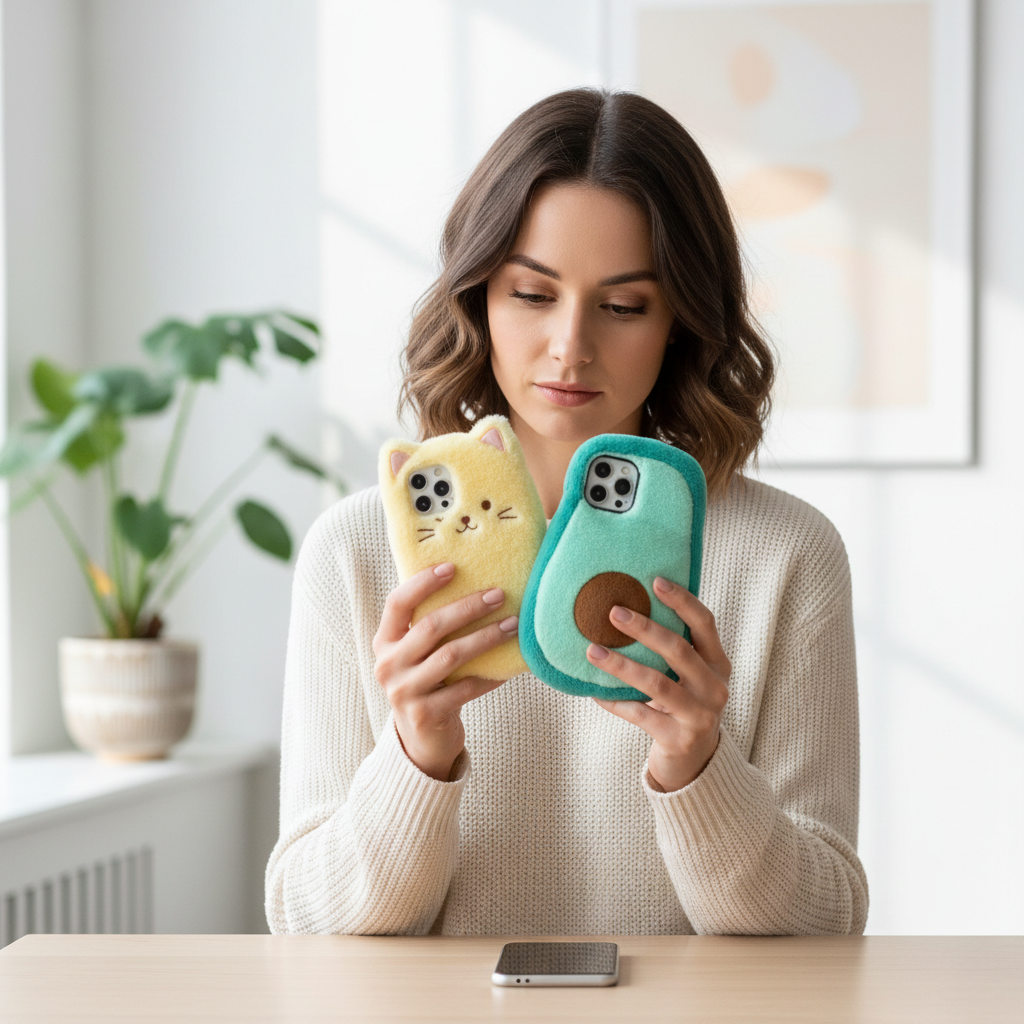 Woman choosing a cute phone case while checking camera cutouts and fit