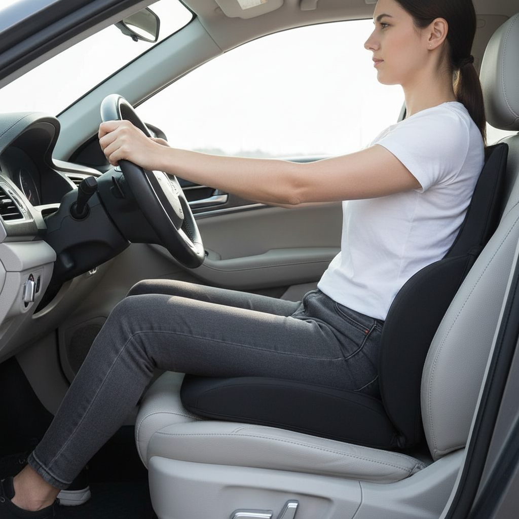 Correct driving posture with seat cushion and lumbar support to ease back pain