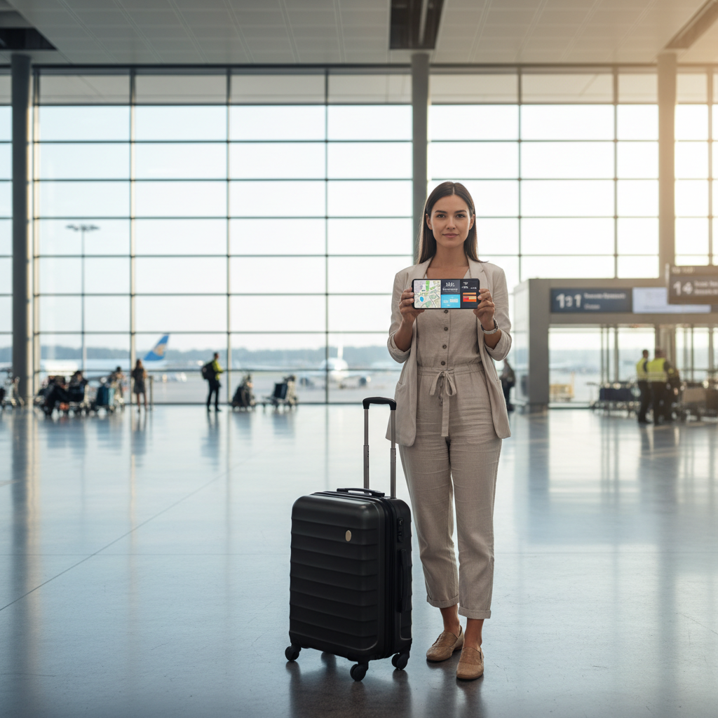 Traveler using essential international travel apps on a smartphone at an airport