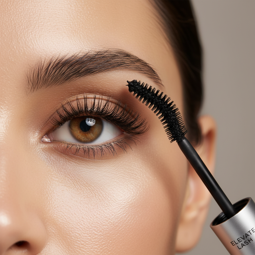 Applying lengthening mascara with a curved wand for lifted long lashes