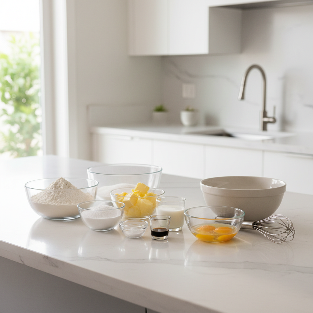 Simple from-scratch cake ingredients measured on a kitchen counter