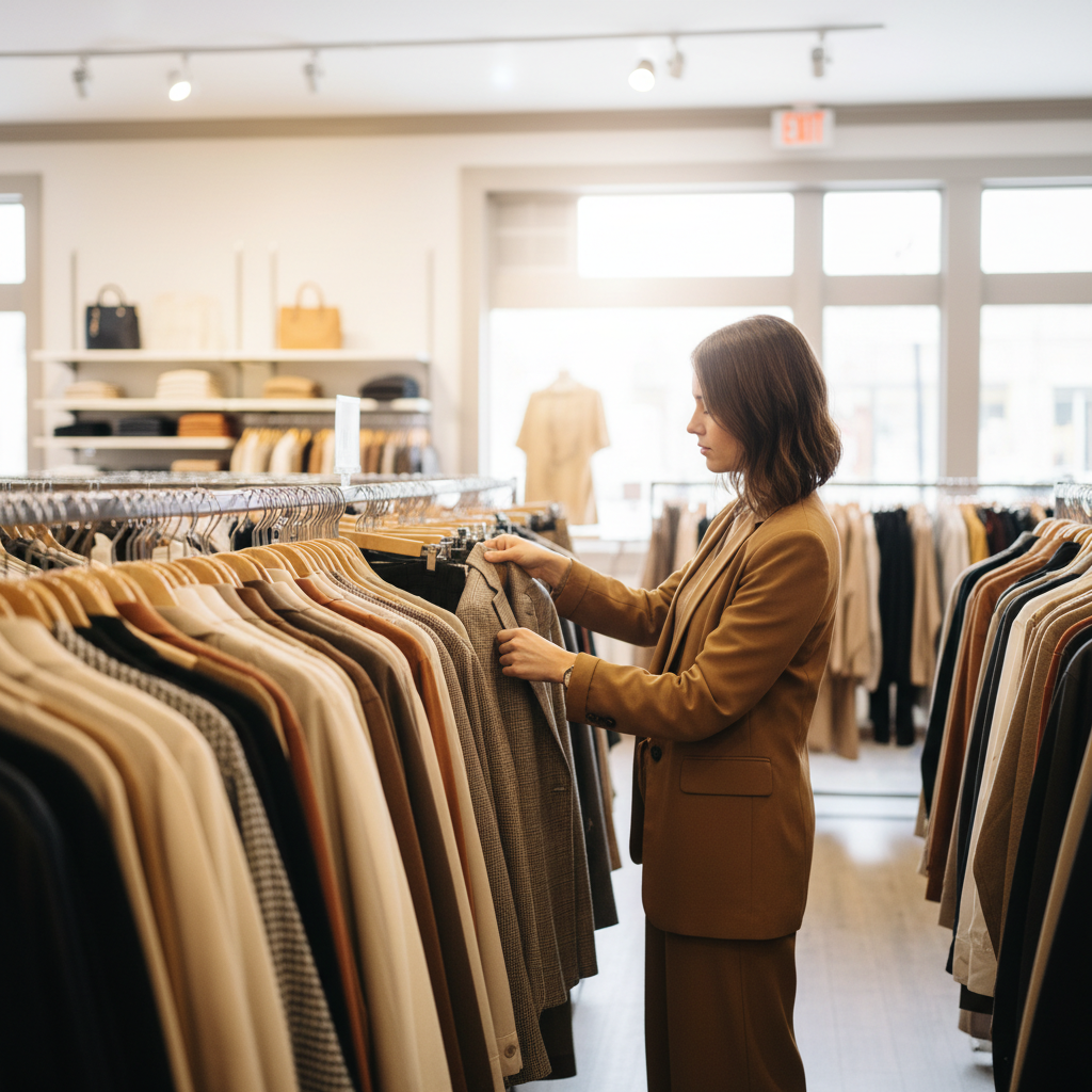 Thrift store clothing rack with shoppers inspecting quality and fabric
