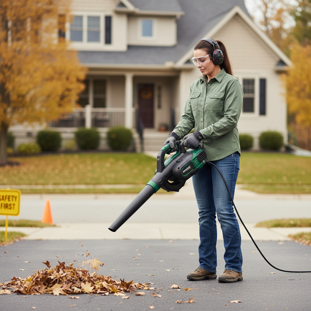 Homeowner using a cordless leaf blower with hearing protection near a driveway