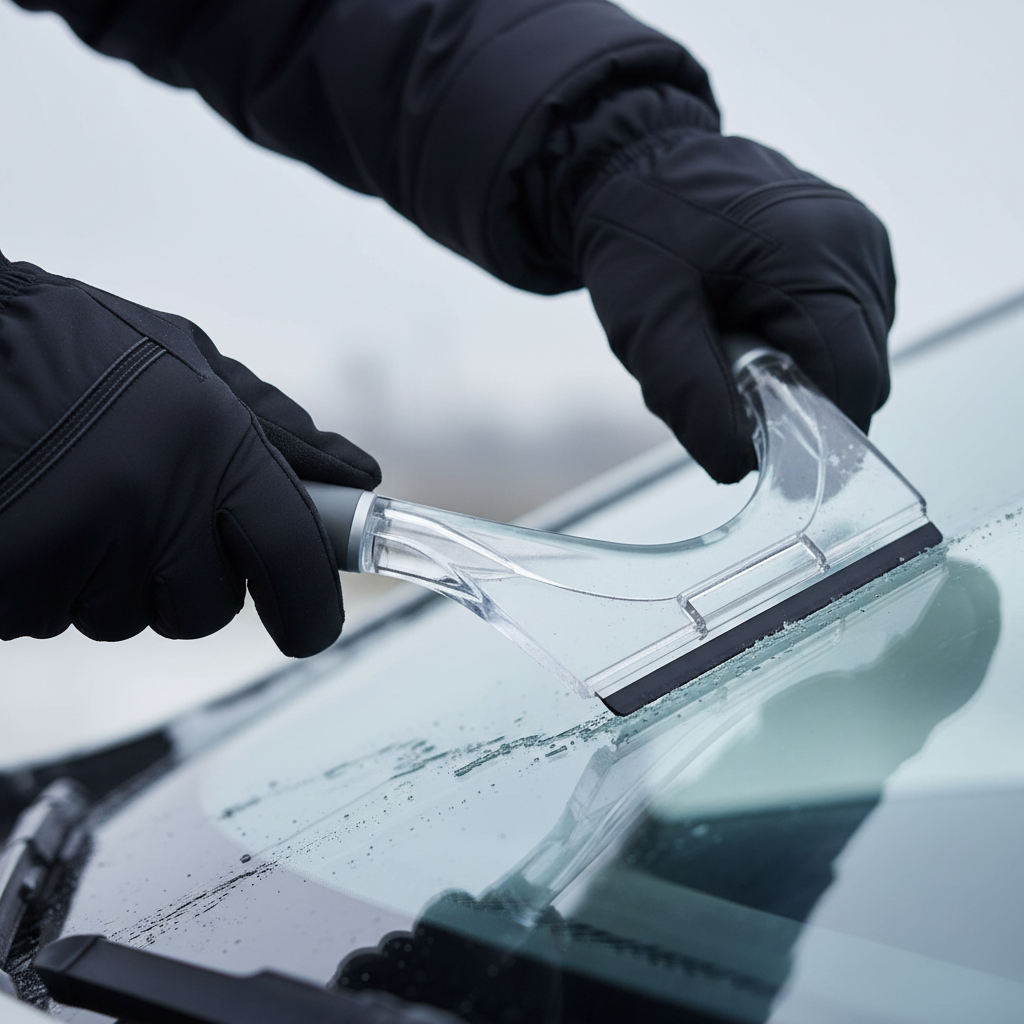 Close-up of ice scraping technique on windshield with proper angle and clean blade