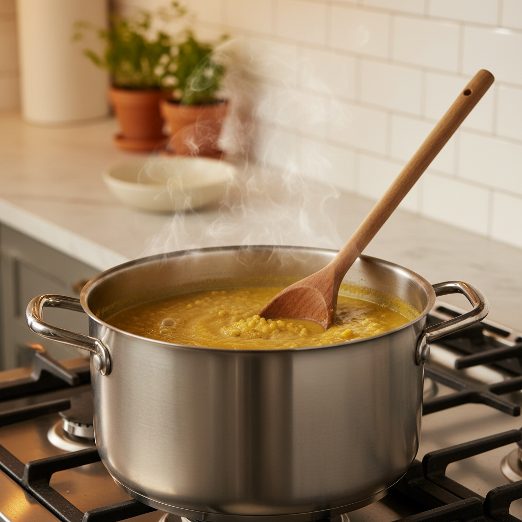 Cooked lentils simmering in a pot for dal fry base